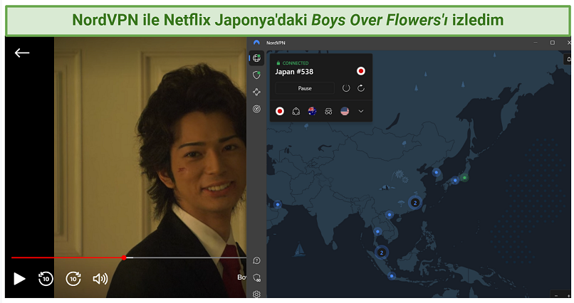Screenshot of NordVPN accessing Netflix Japan and streaming Boys Over Flowers