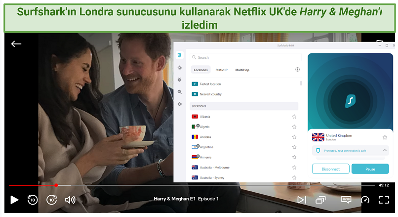 Screenshot showing Surfshark VPN's UK London server accessing Netflix and streaming Harry & Meghan