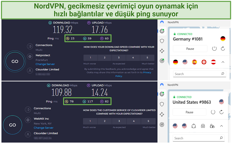 A screenshot of NordVPN's speed test results on servers in Germany and the US