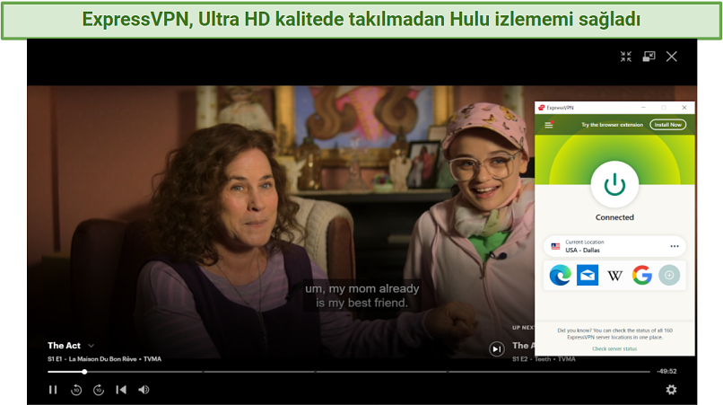 Screenshot showing The Act streaming on Hulu with ExpressVPN connected