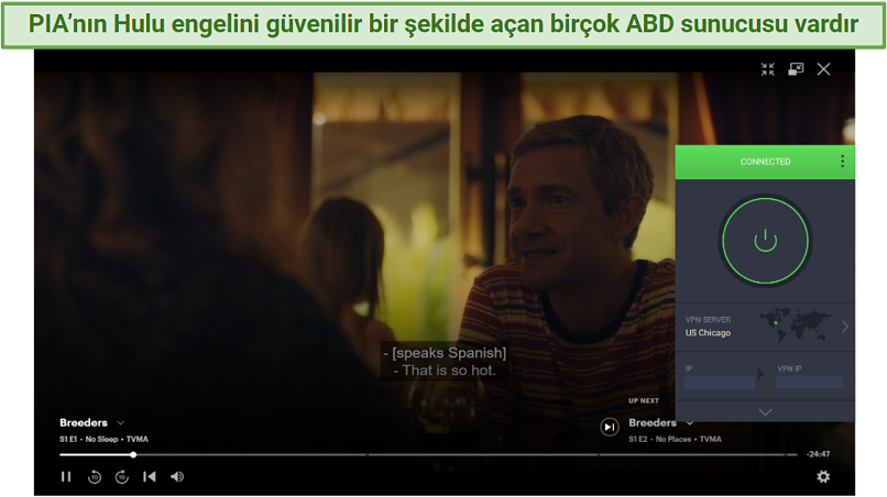screenshot showing Breeders streaming on Hulu with PIA connected