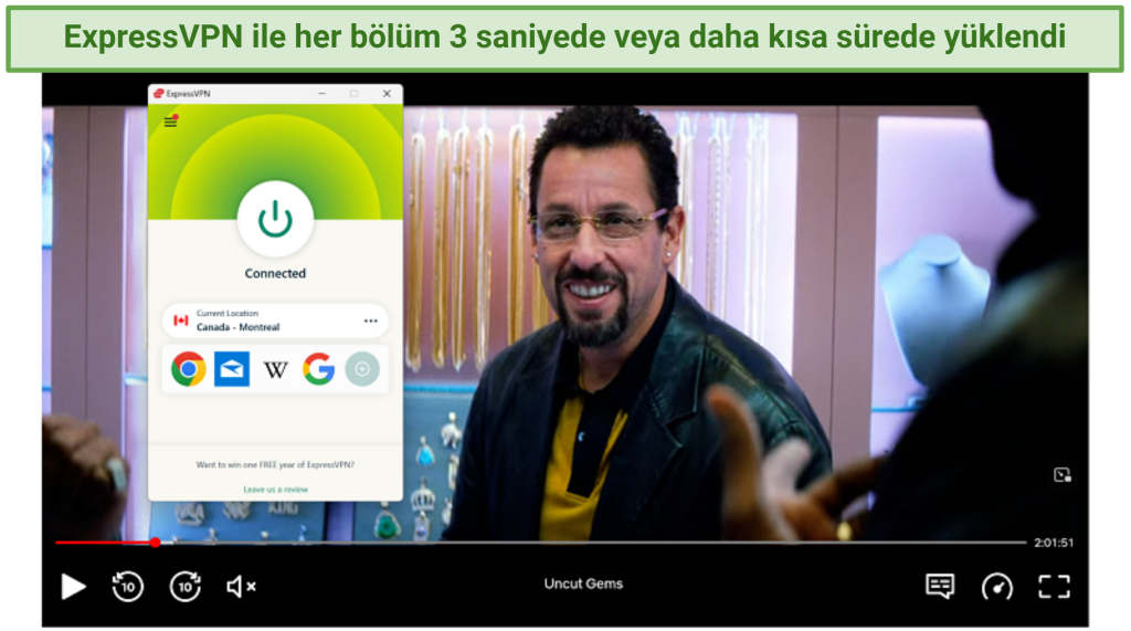 Screenshot of Netflix player streaming Uncut Gems while connected to ExpressVPN's Montreal server