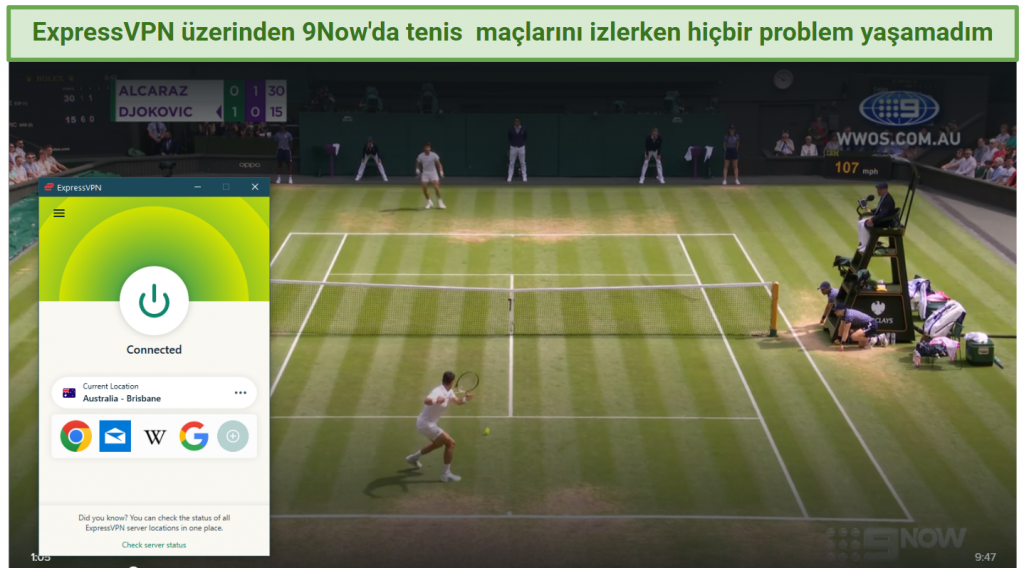 Streaming Wimbledon on 9Now with ExpressVPN connected to Australia