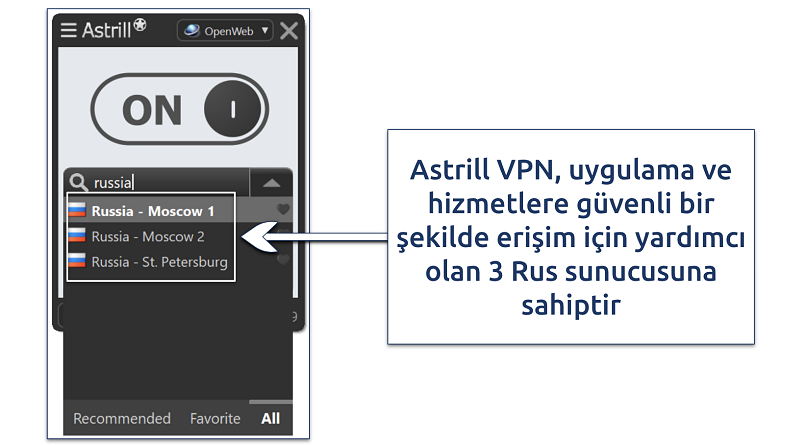 Screenshot of Astrill VPN's Russian servers