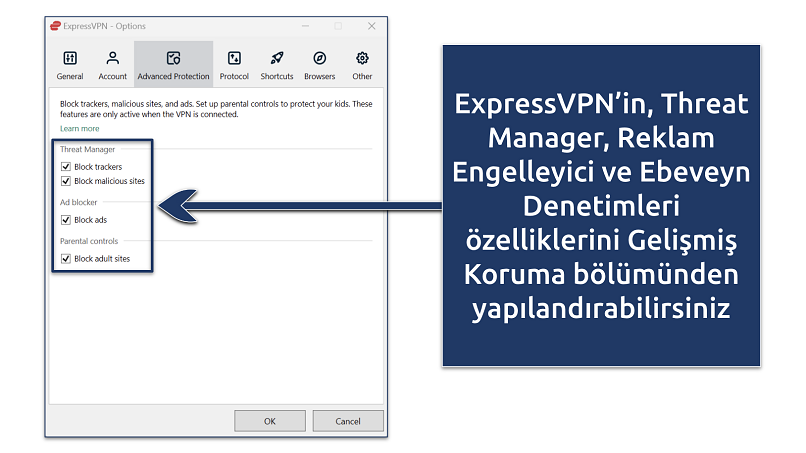 ExpressVPN's advanced protection settings window