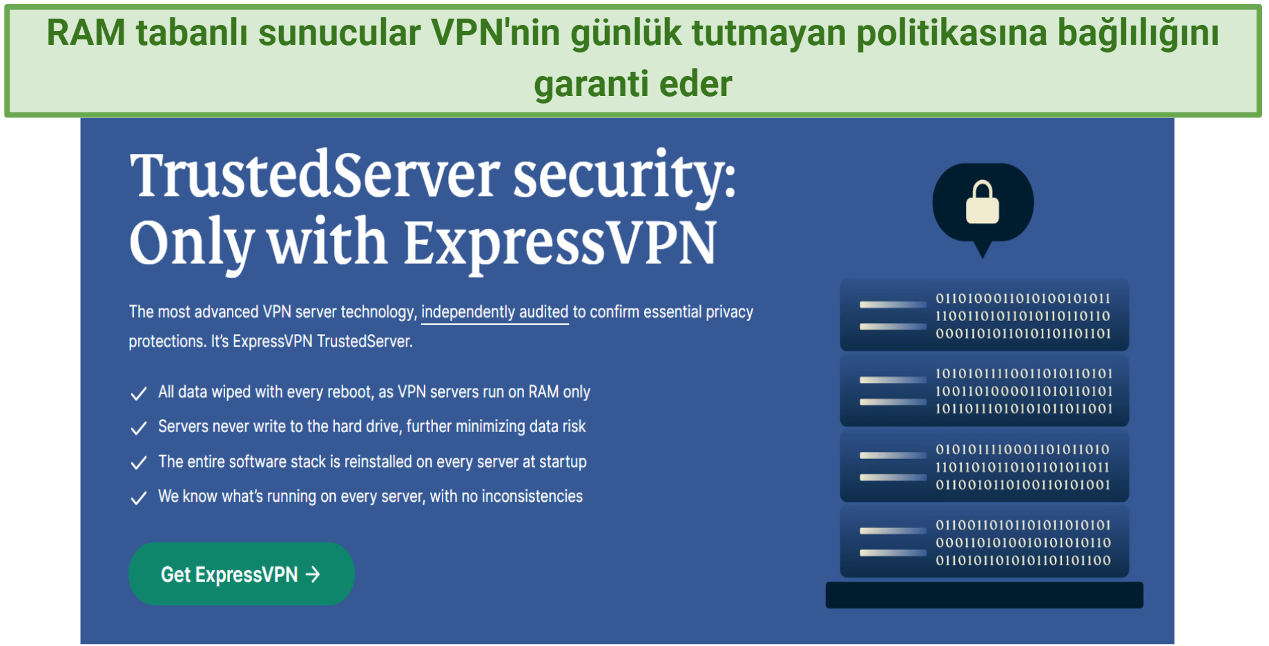screenshot highlighting the features of ExpressVPN's TrustedServer technogünlüky