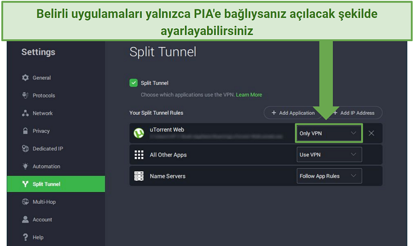 Screenshot of PIA's spilt tunneling feature on Windows