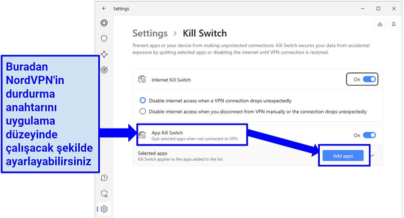 Screenshot of NordVPN's kill switch settings on Windows