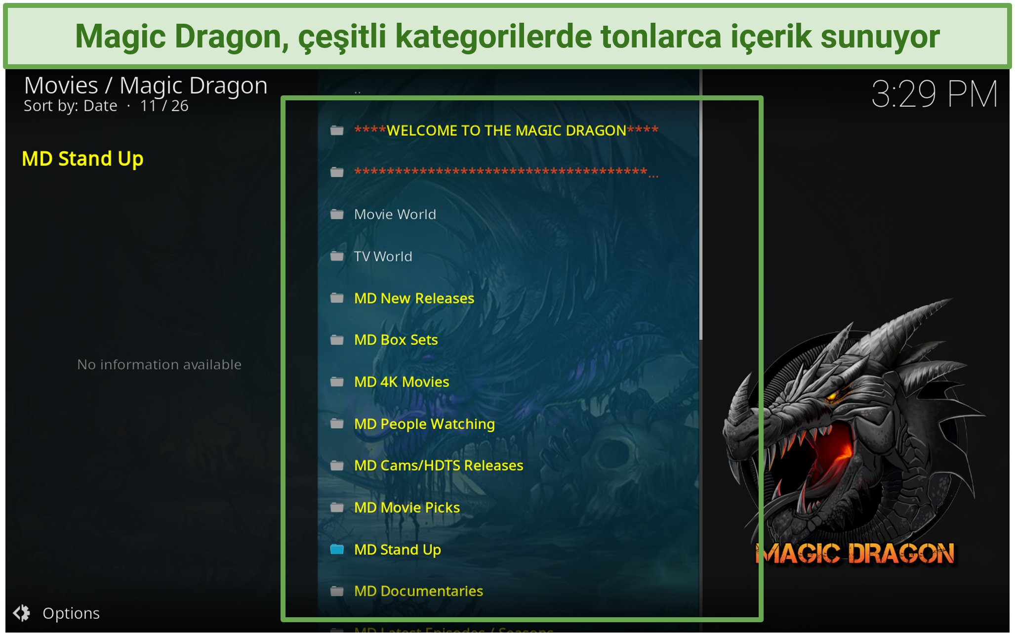 Magic Dragon Kodi eklentisinin içeriğinin farklı kategorilere yerleştirildiğini gösteren bir ekran görüntüsü.