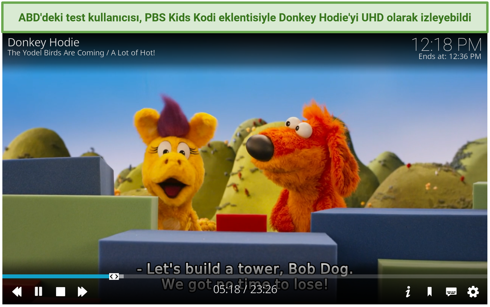 PBS Kids Kodi eklentisini kullanarak UHD kalitesinde çizgi film ve anime izleyebileceğinizi gösteren bir ekran görüntüsü