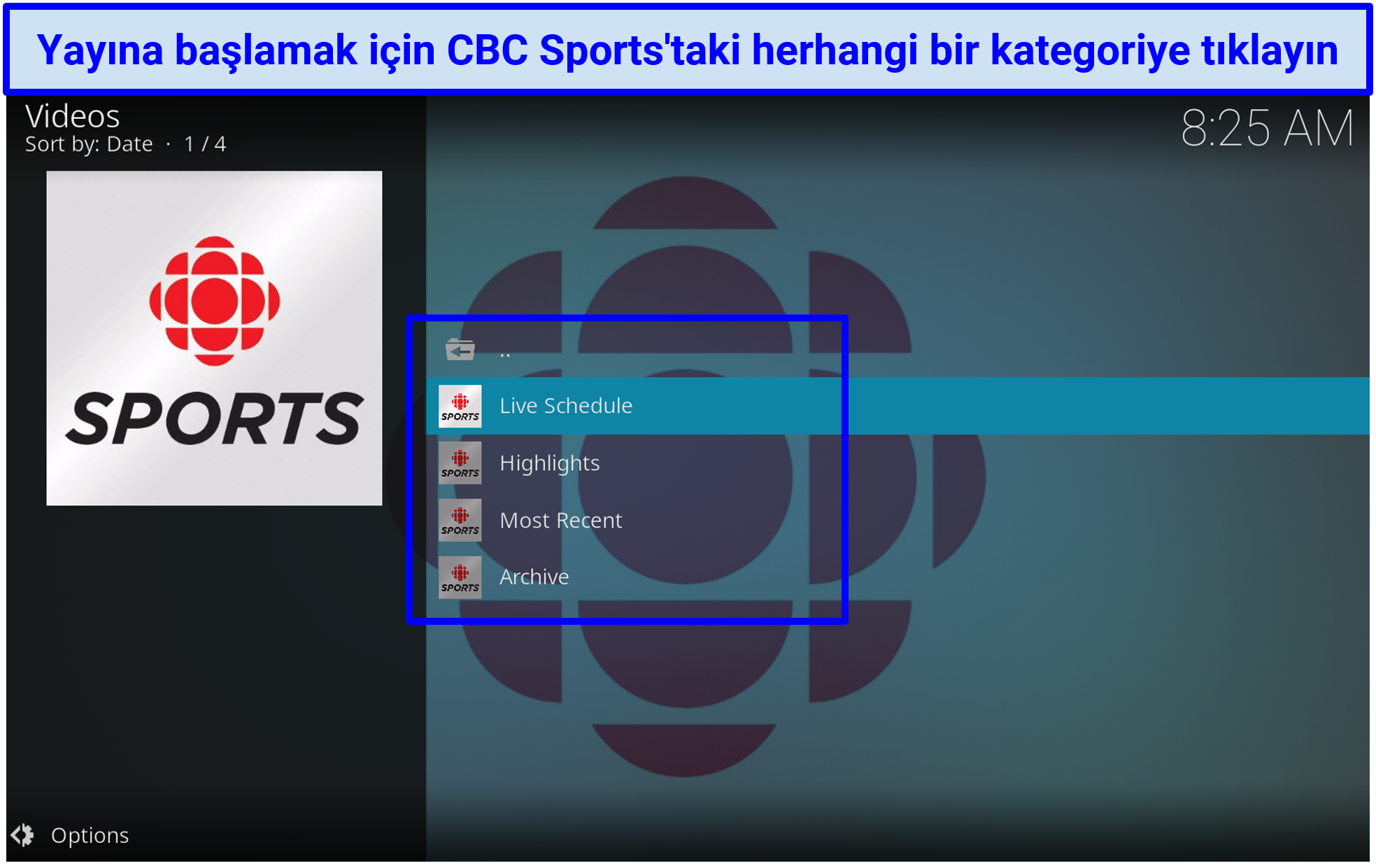 CBC Sports eklentisinin basit bir arayüze sahip olduğunu gösteren ekran görüntüsü
