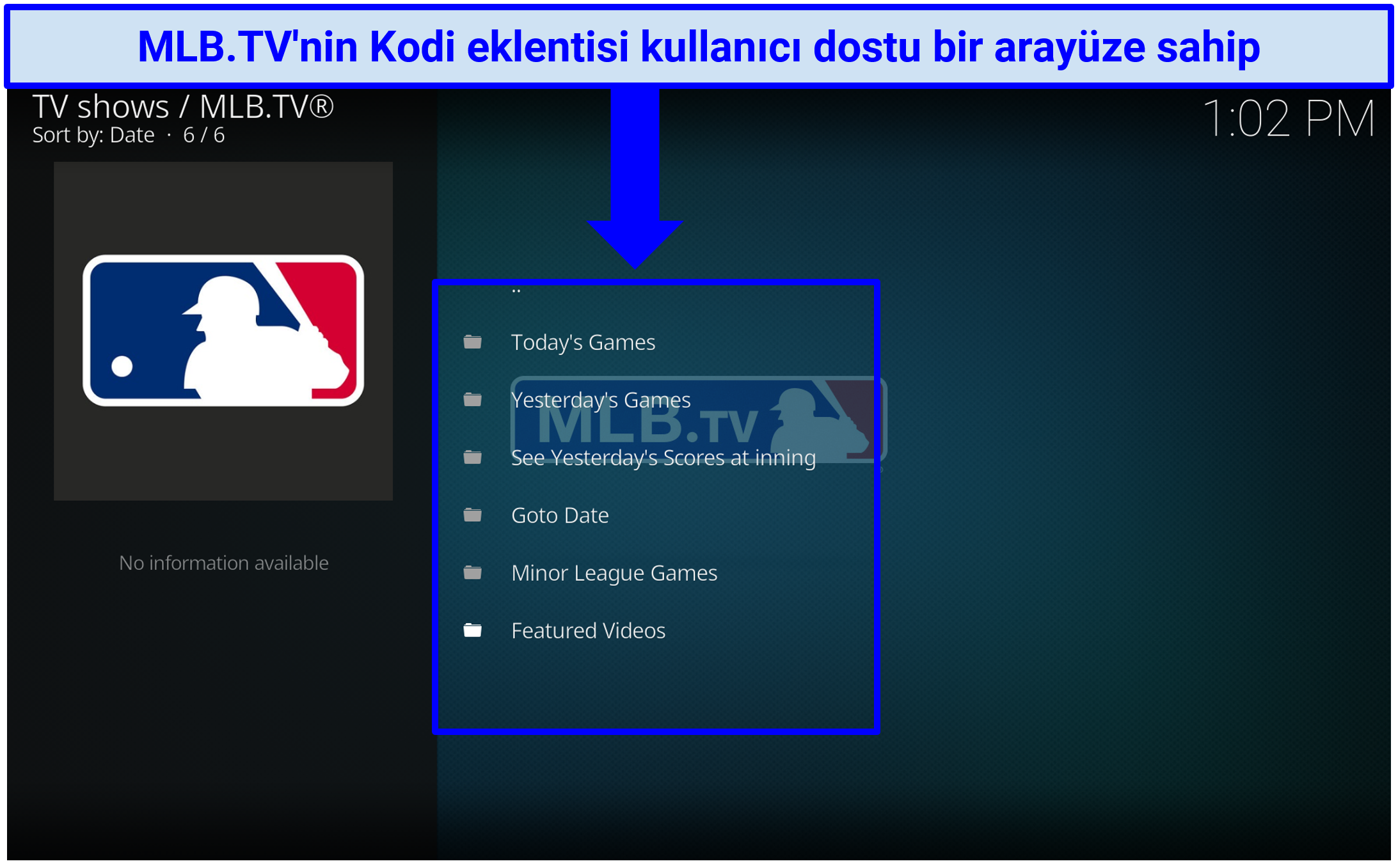 MLB.TV'nin kullanıcı dostu bir arayüze sahip olduğunu gösteren bir ekran görüntüsü
