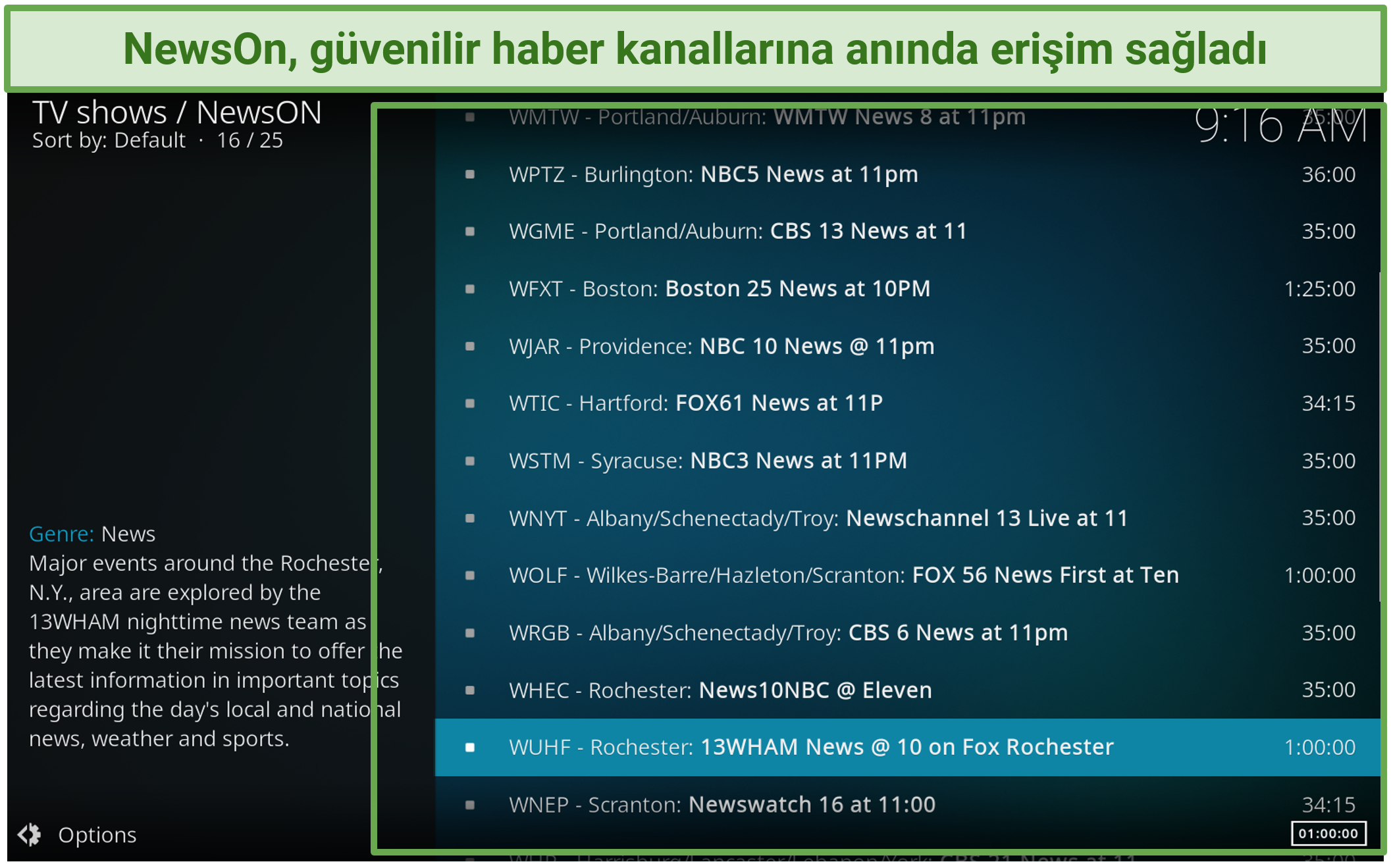 NewsOn Kodi eklentisi kullanarak ABD'deki güvenilir haber kanallarını yayınlayabileceğinizi gösteren bir ekran görüntüsü