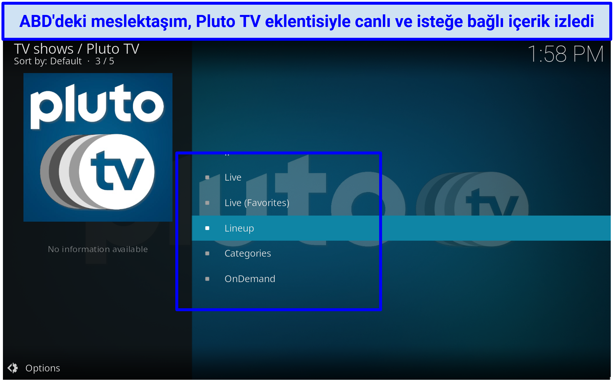 Çok kategorili Pluto TV eklentisini gösteren bir ekran görüntüsü