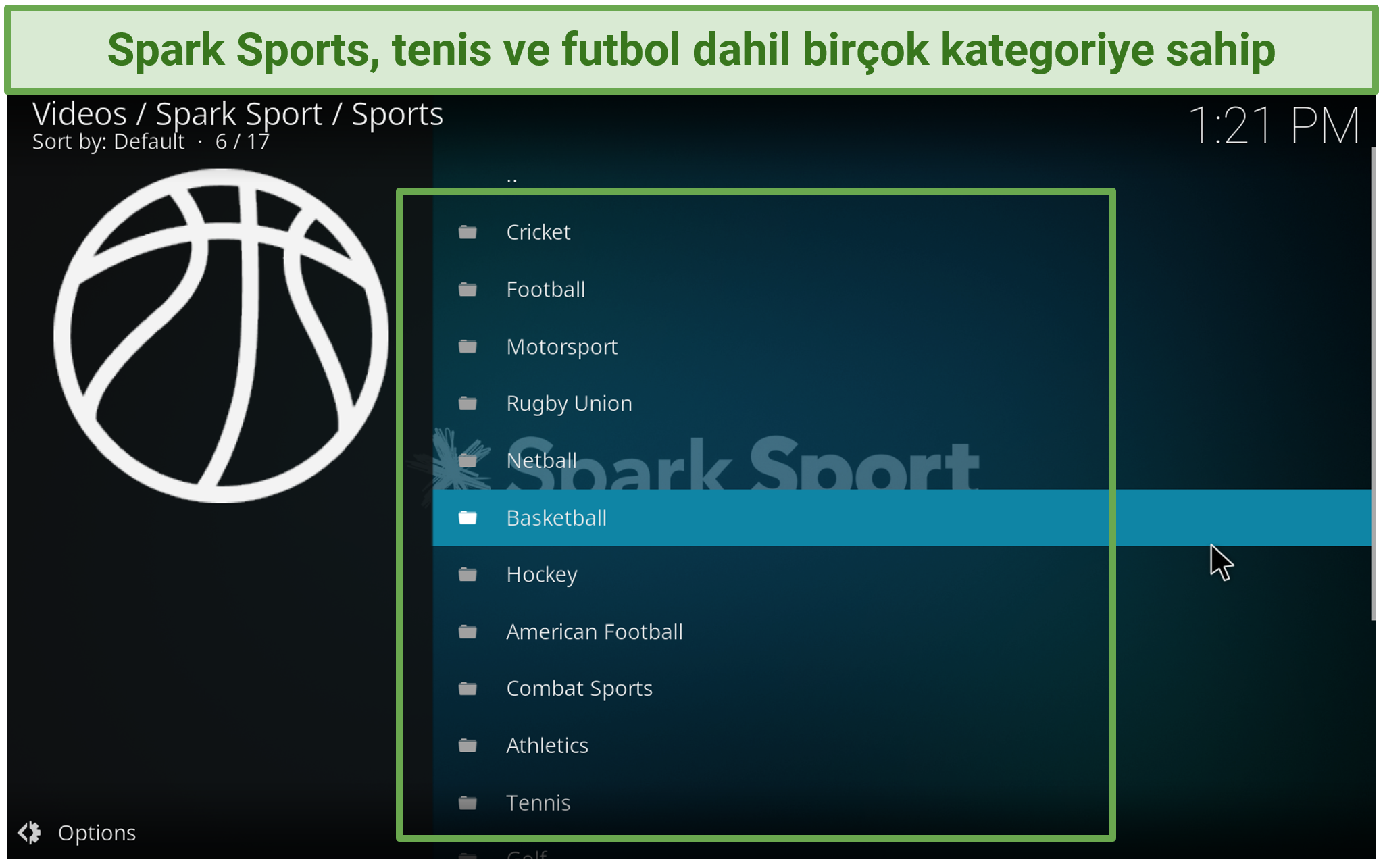 Spark Sports Kodi eklentisinin çeşitli spor etkinliklerini sunduğunu gösteren ekran görüntüsü