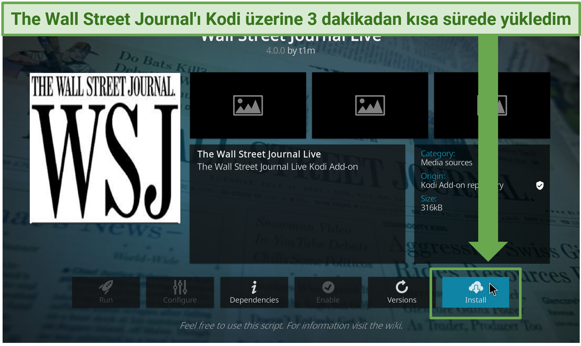 The Wall Street Journal eklentisini Kodi'ye yükleyebileceğinizi gösteren bir ekran görüntüsü