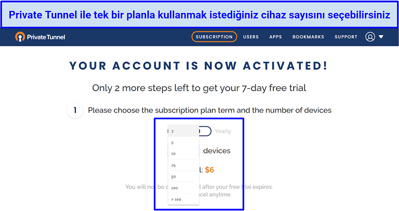 Screenshot of Private Tunnel's sign up page and the options to choose a subscription plan and number of devices you want to cover