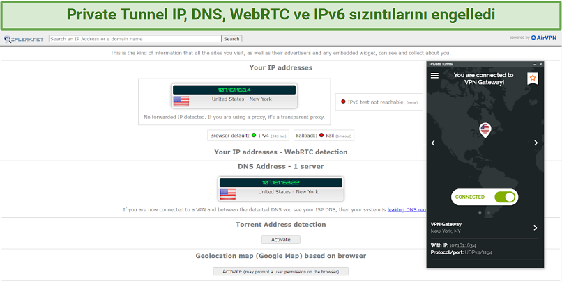 Screenshot of Private Tunnel's IP, DNS, and WebRTC leak tests using the New York server.