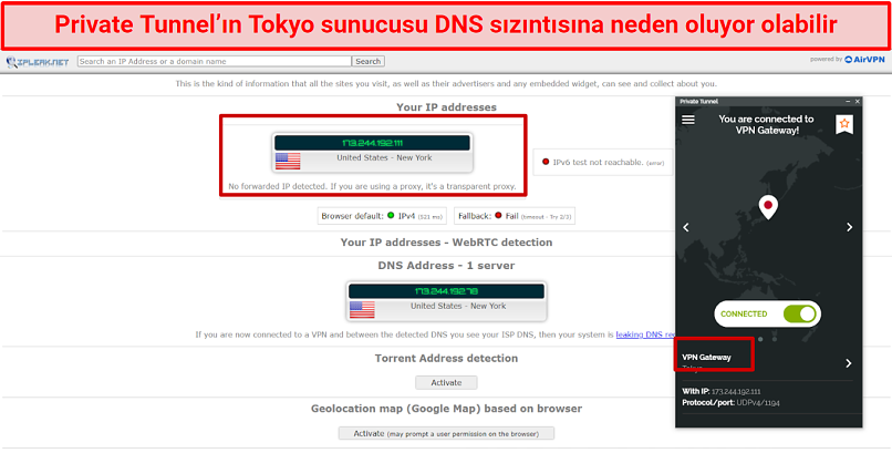 Screenshot of Private Tunnel's IP, DNS, and WebRTC leak tests showing a possible DNS leak
