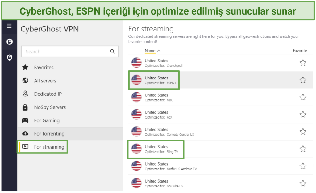 A screenshot of CyberGhost's streaming optimized servers, including servers for ESPN and Sling TV