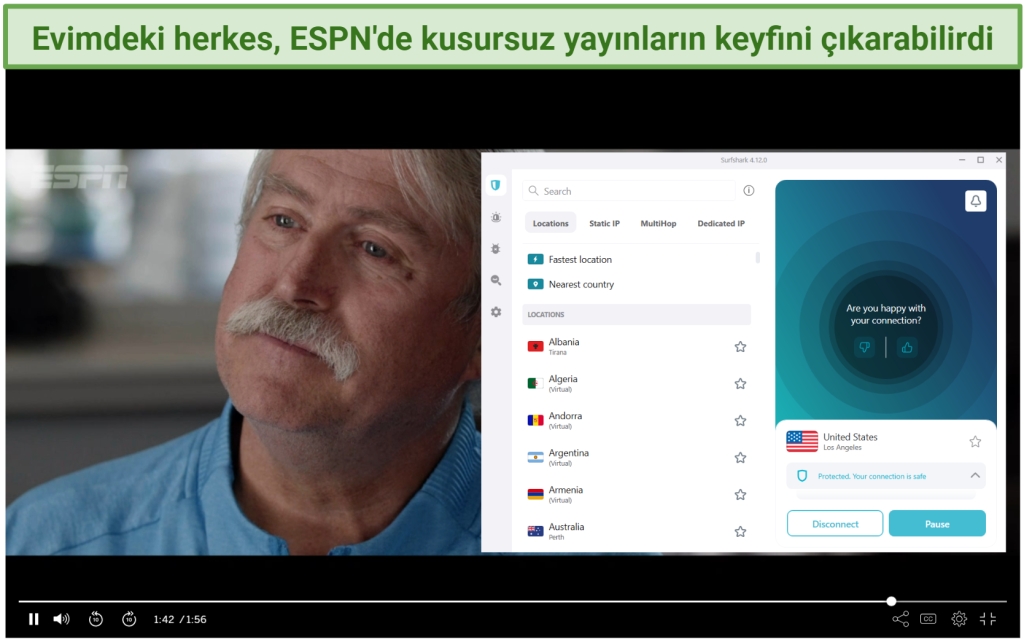 A screenshot of streaming ESPN while connected to Surfshark.