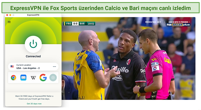 A screenshot of streaming Italian B Serie soccer football match Calcio vs Bari live on Fox Sports using ExpressVPN's Los Angeles server