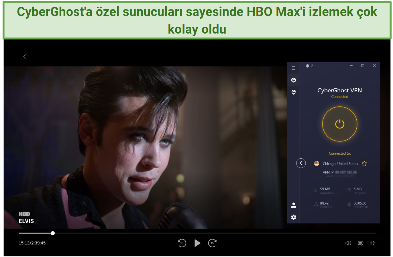 Screenshot of watching Elvis on HBO Max while connected to CyberGhost