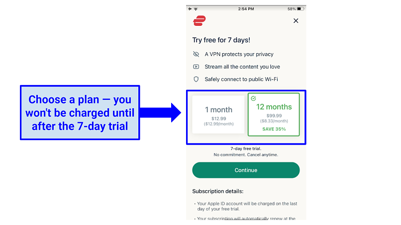 ExpressVPN's iPhone app prompting user to choose a plan to activate 7-day free trial