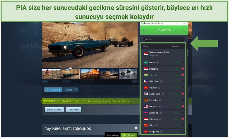 Screenshot of PIA's Windows app showing the server list while PUBG's Steam page is open in the background.