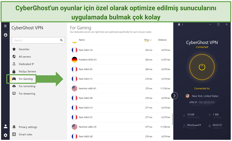 Screenshot of CyberGhost's Windows app showing gaming-optimized servers.