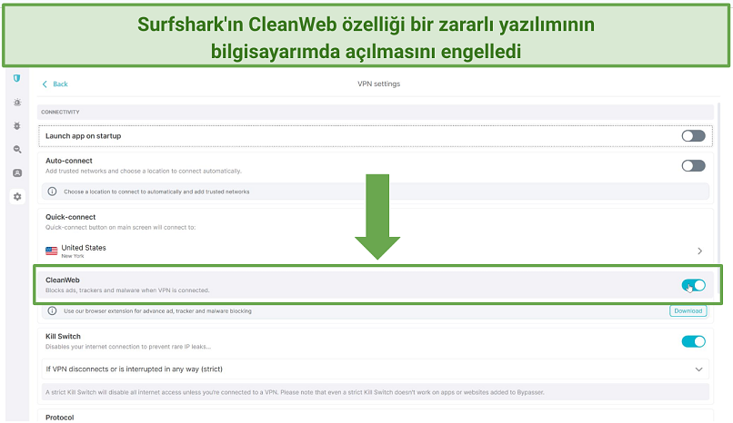 Screenshot of Surfshark Windows app's settings menu with CleanWeb enabled.