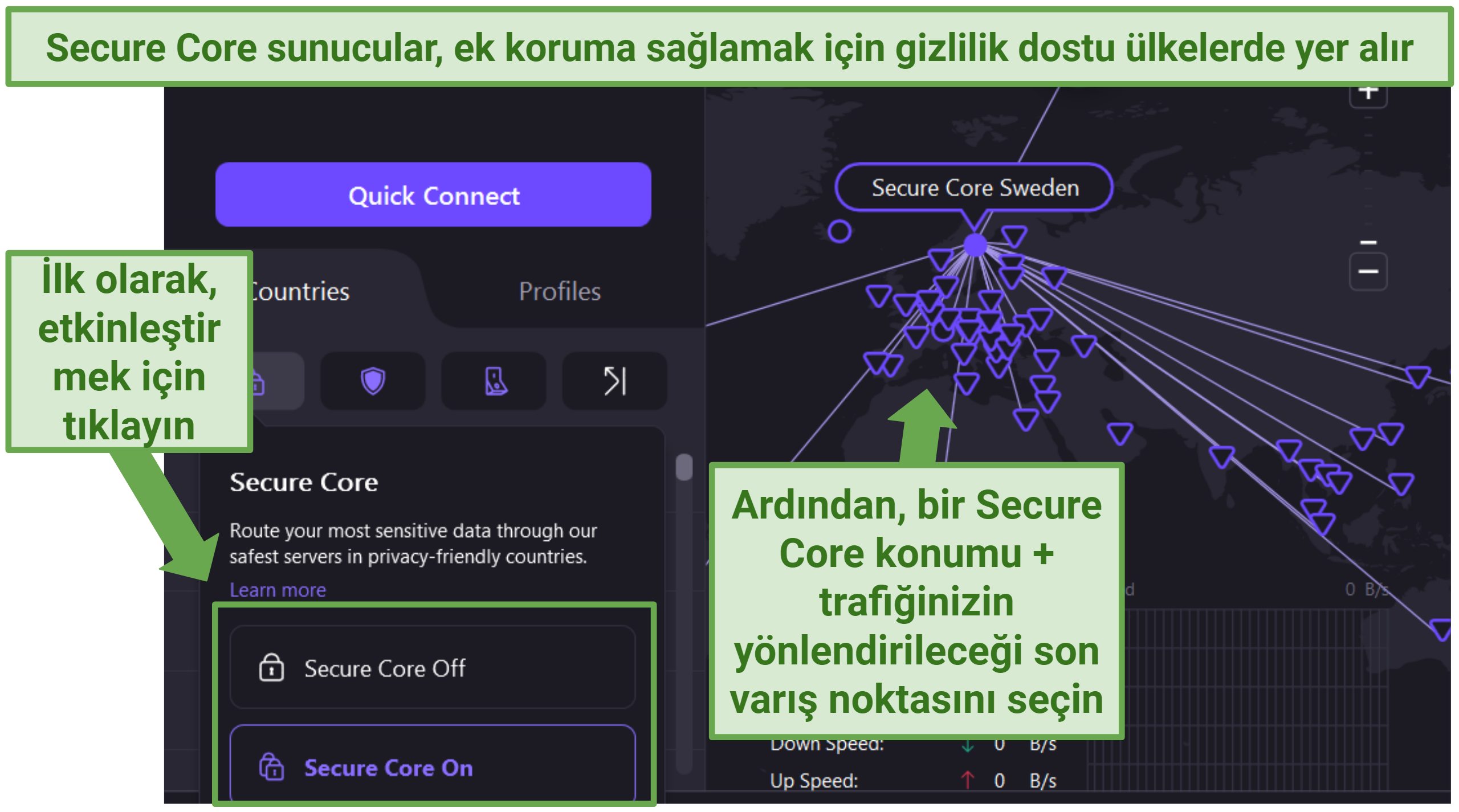 ProtonVPN's Windows app displaying Secure Core locations from Sweden
