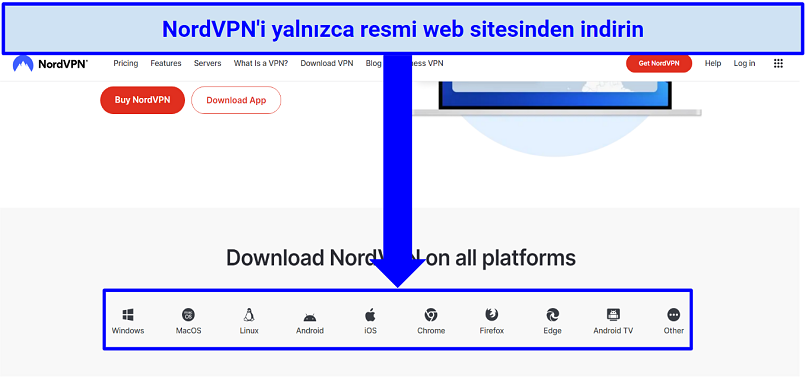 NordVPN'i web sitesinden indirme işlemini gösteren ekran görüntüsü