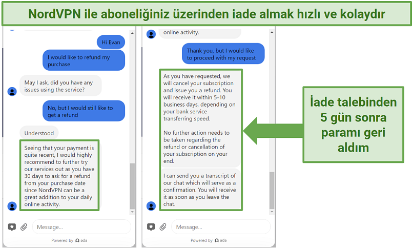 NordVPN'in canlı sohbetini kullanarak geri ödeme talebinde bulunulan ekran görüntüsü