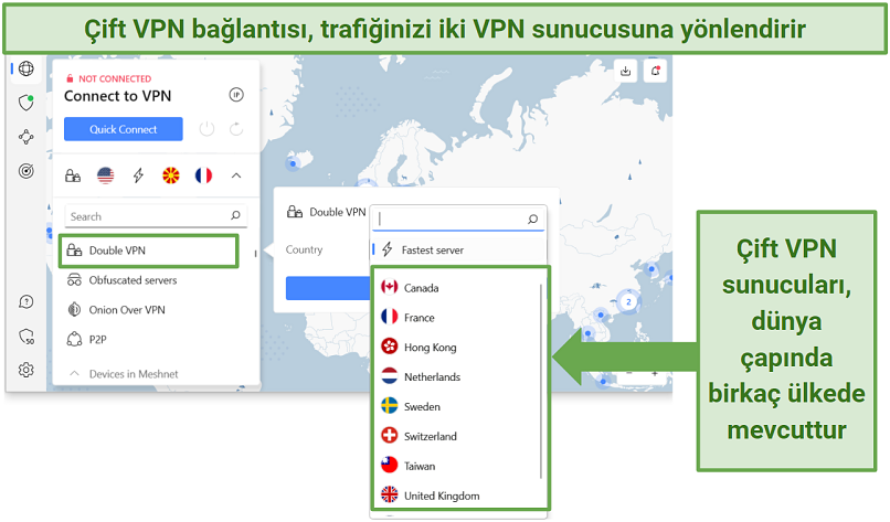 Nord VPN'in Çift VPN sunucularının ekran görüntüsü