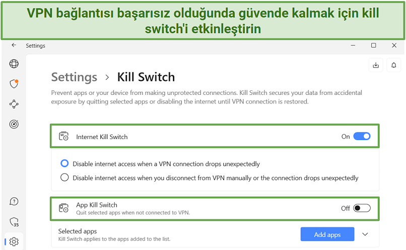 Windows'daki kill switch işlevinin ekran görüntüsü
