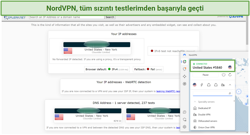 NordVPN'in ipleak.net'teki sızıntı testini geçtiğine dair ekran görüntüsü