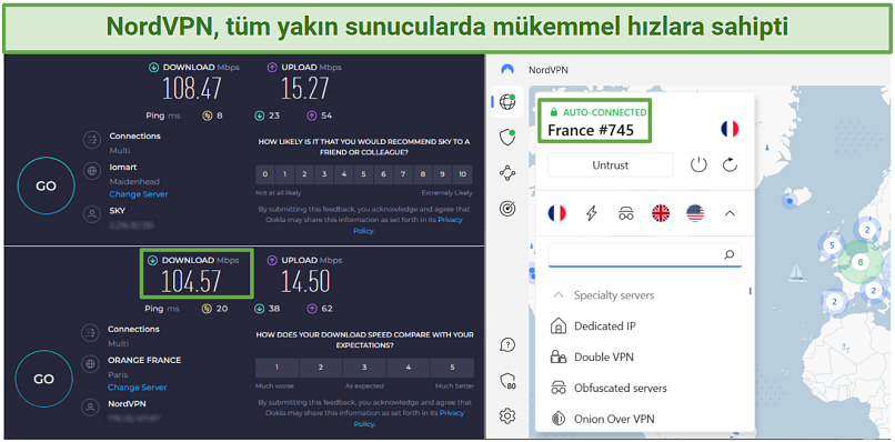 VPN bağlantısı olmadan ve NordVPN'in Paris sunucusuna bağlanıldığında yapılan Ookla hız testlerinin ekran görüntüsü