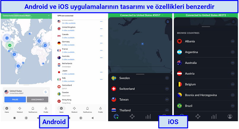 NordVPN'in Android ve iPhone uygulamalarının ekran görüntüsü