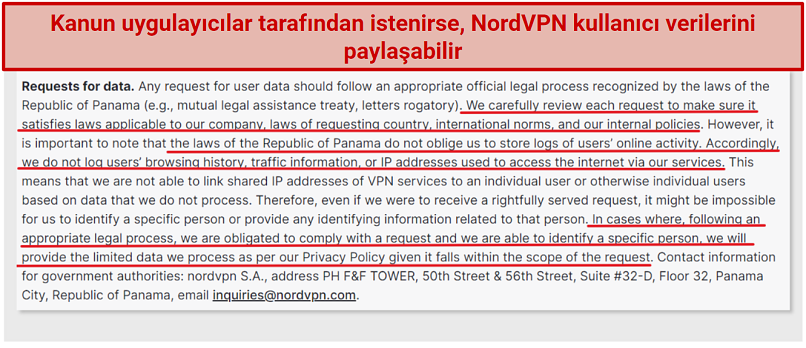 NordVPN'in gizlilik politikasının ekran görüntüsü