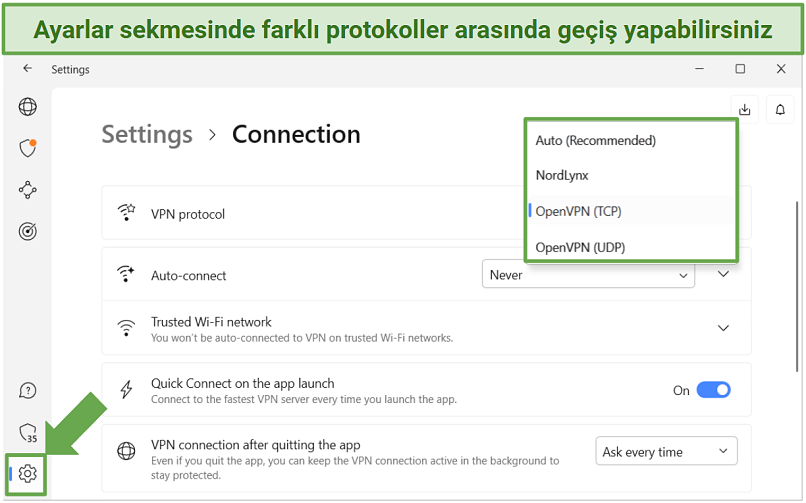 NordVPN'in uygulama içindeki güvenlik protokolleri ekran görüntüsü
