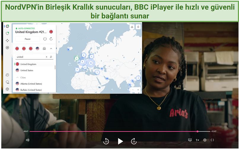 NordVPN'nin Birleşik Krallık sunucularından birine bağlıyken BBC iPlayer'da Champion oynatılması gösteren bir ekran görüntüsü
