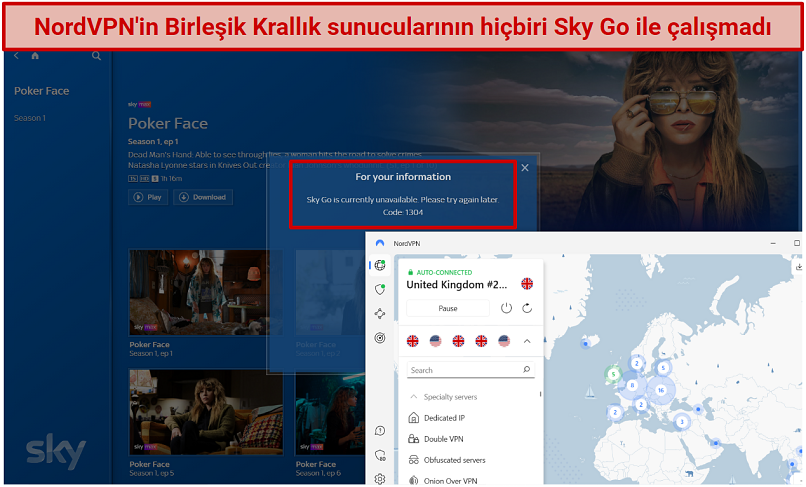 NordVPN ile Sky Go izlemeye çalışırken hata mesajı ekran görüntüsü
