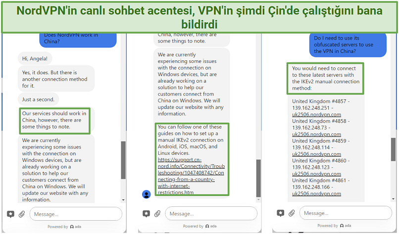NordVPN canlı sohbeti bana VPN'in Çin'de çalıştığını bildiren ekran görüntüsü