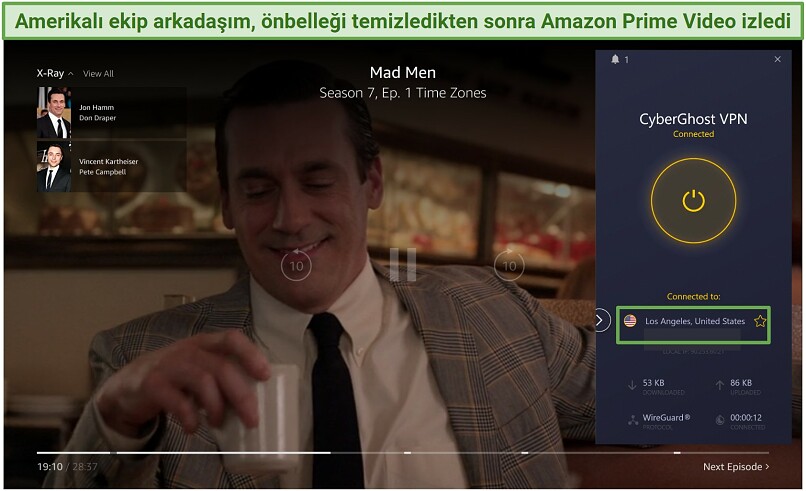 Screenshot of Amazon Prime Video player streaming Mad Men while connected to CyberGhost's Los Angeles server