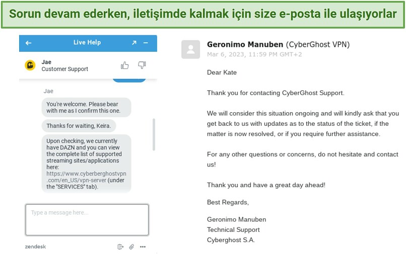 screenshot showing CyberGhost's online chat and email support