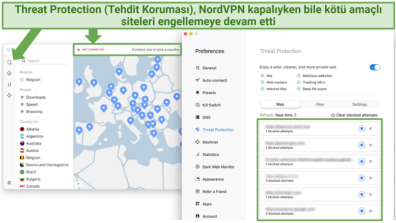 Screenshot of NordVPN's interface and how to switch on Threat Protection.