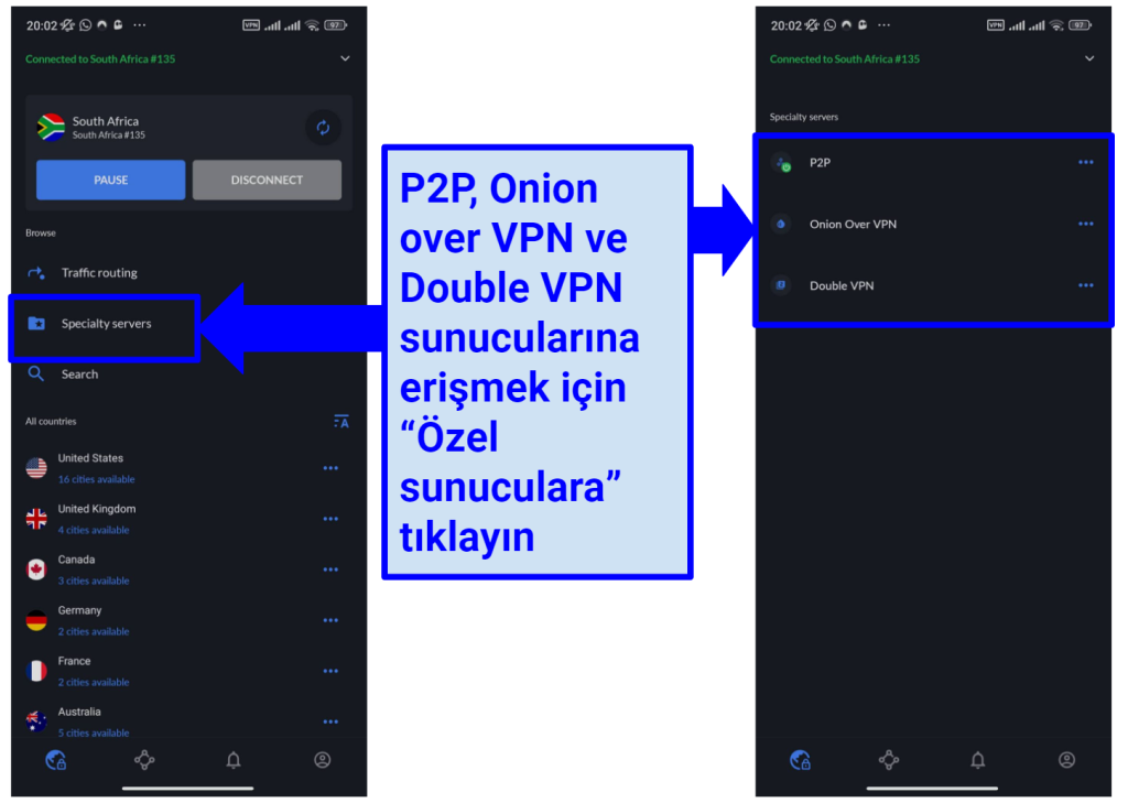Screenshot of NordVPN's Android app showing its specialty servers and how to access them