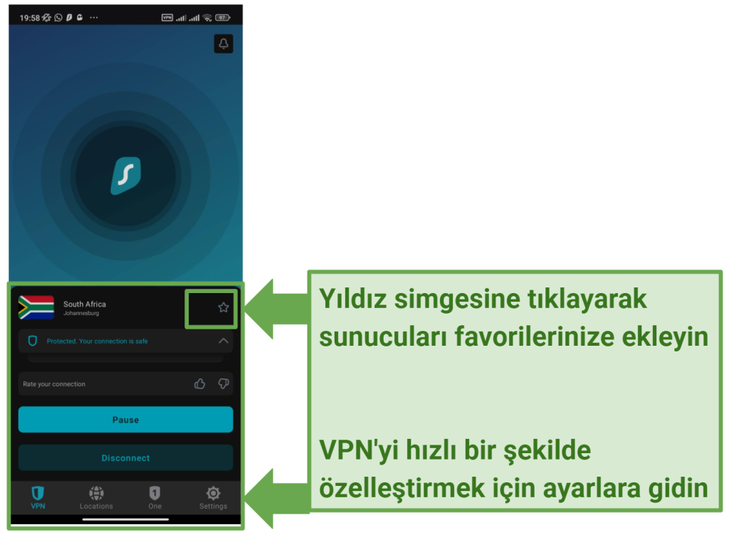Screenshot of Surfshark's Android app showing the home page with the VPN connected to a South African server