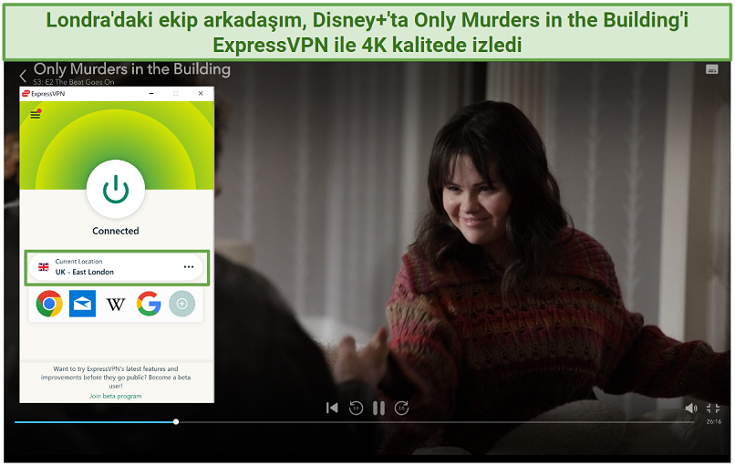A screenshot showing Disney+ playing with ExpressVPN connected
